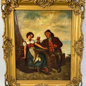 Old Sailor & Maiden Victorian Oil Painting